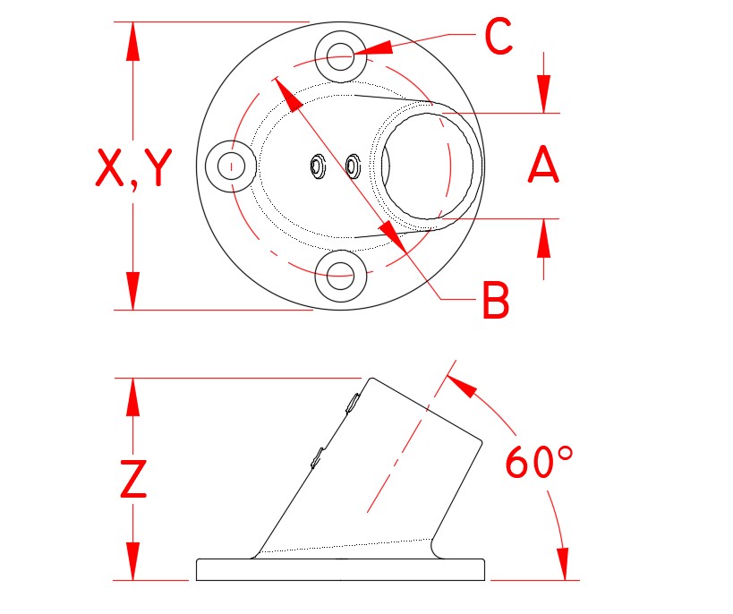 Stainless Steel Round Rail Base - 60 Degree Angle, Railing and Bimini, S3650-0600, S3650-0601, Line Drawing